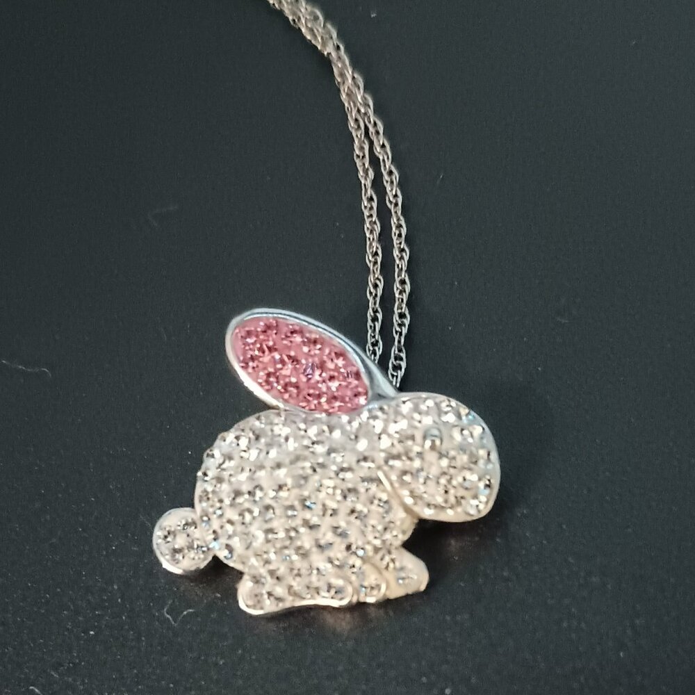 925 AU Bunny Rabbit Necklace 18" Sterling Silver Pink Pave Crystal Pendant